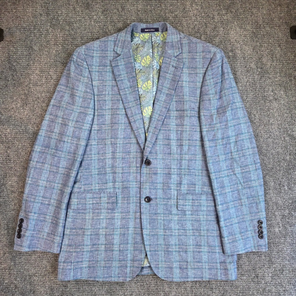 Alan Flusser Mens 40R Blue Plaid Linen Blend Sport Coat Tropical Lining Blazer